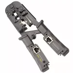 Crimp tool with stripper and network tester for 8P (RJ45), 6P (RJ12/11), 6P DEC or 4P (RJ10) plugs