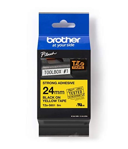 Laminated - black text on a yellow background, 24 mm in width and 8 m long Uses - Equally handy in the home, office or workplace, the special strong adhesive offers more sticking power to ensure your label stays attached on rough or uneven surfaces Features - Only Brother genuine tapes are rigorously tested to be temperature, sunlight, water, fade and abrasion resistant Variety - Over 60 colour and size variations on offer, there’s a solution for every task